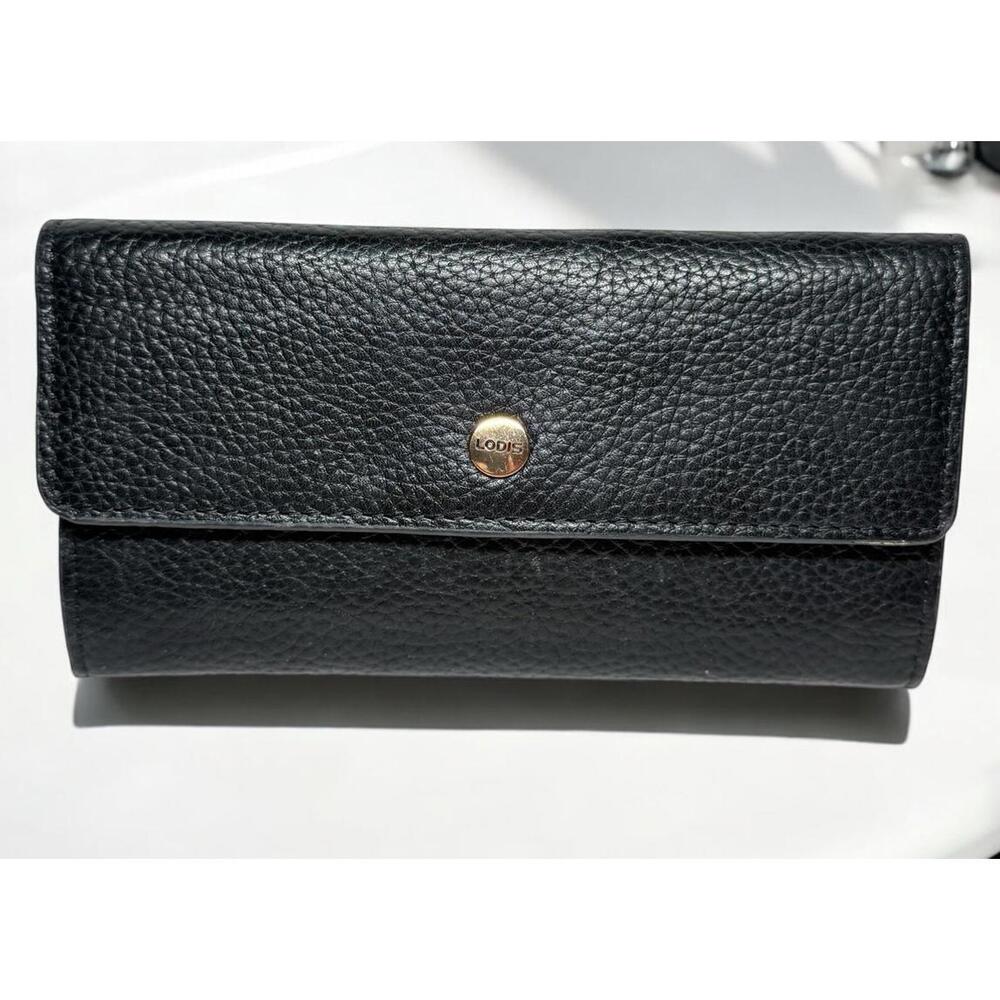 LODIS Kate Large Flap pebbled leather clutch wallet Chestnut Black EUC